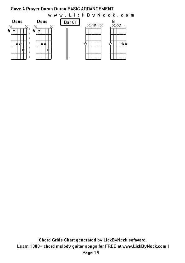 Chord Grids Chart of chord melody fingerstyle guitar song-Save A Prayer-Duran Duran-BASIC ARRANGEMENT,generated by LickByNeck software.